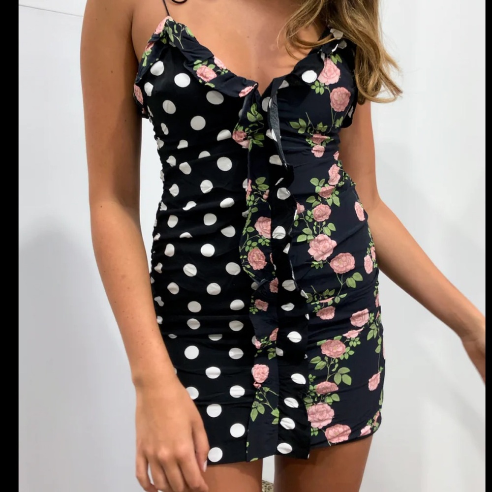 For Love And Lemons Black Floral Polka Dot Mini Dress